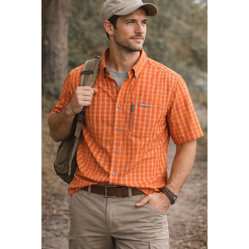Columbia Omni-Shade Plaid Shirt Mens XL Orange Vented UPF Outdoor Fishing